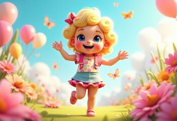 Fototapeta premium A cheerful blonde girl joyfully runs through a vibrant flower field, surrounded by butterflies and balloons.