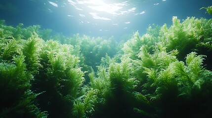 Obraz premium Underwater Green Aquatic Plants Illuminated By Sunlight