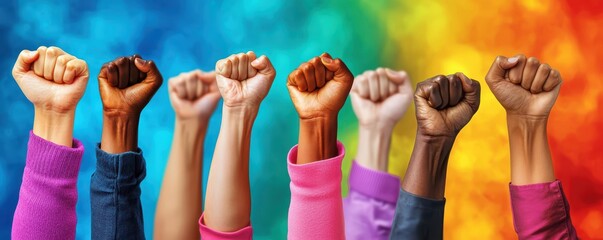 Fototapeta premium Diverse hands raised in unity against a colorful background