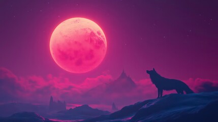 Lone wolf silhouetted against a large pink moon and misty mountains at night.