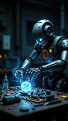 Fototapeta premium A robot standing in front of a lab bench with glowing components, suggesting advanced technology or AI work.
