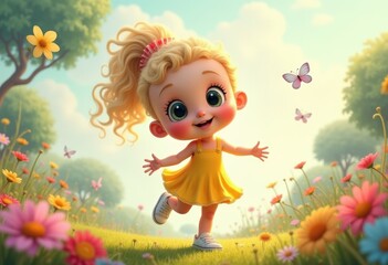 Fototapeta premium A cute cartoon girl with blonde hair joyfully skips through a vibrant flower field, surrounded by butterflies.