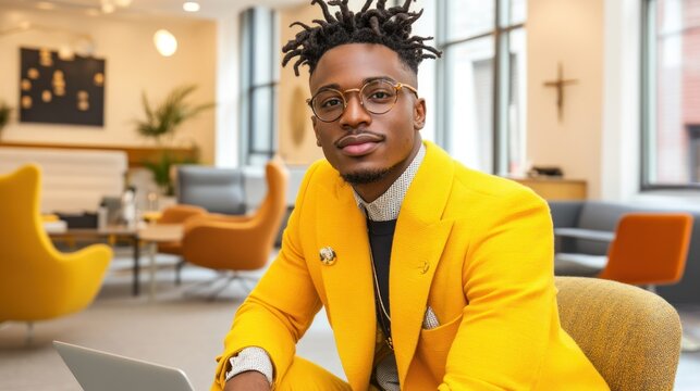 Confident Young Man in Yellow Jacket Posing in Modern Office Setting - Powered by Adobe
