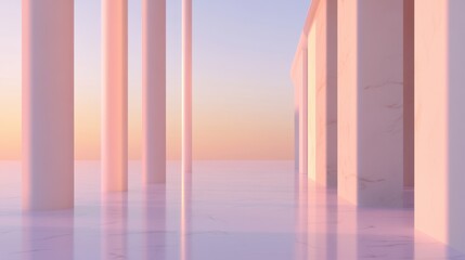 Fototapeta premium Modern architectural design with columns at sunset reflection