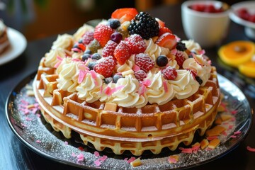 Waffle with whipped cream and fruit on top