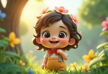 Fototapeta premium Adorable 3D animated girl with flowers in her hair, smiling happily in a sunny garden.