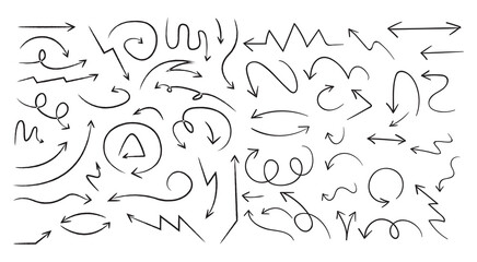 Arrow on isolated white background. Hand drawn wavy arrows. Set of different pointers. Black and white illustration