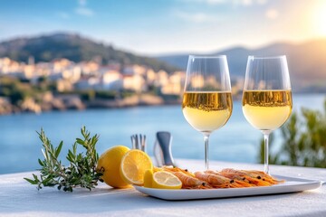Camarones grandes a la parrilla con vino blanco y limón en una cena junto al mar al atardecer