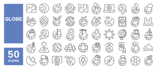 Set of 50 line icons related to globe, world, earth, map, geography, sphere, navigation, planet, global, Editable stroke. Vector illustration