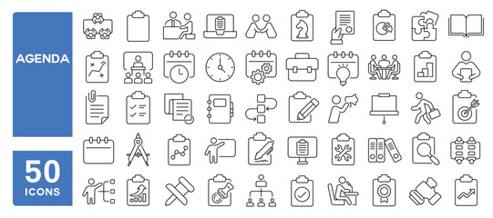 Set of 50 line icons related to agenda, schedule, meeting, business, statistics, plan, task, calendar, clipboard, Editable stroke. Vector illustration
