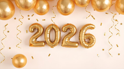 Golden balloons, gold confetti, shiny party decorations on a neutral background, with the year 2026 subtly featured in a minimalistic style