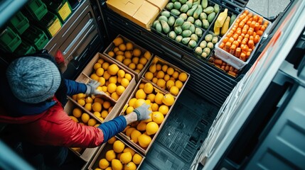 High angle view of a delivery driver organizing crates of fresh lemons and other fruits in the back of a refrigerated truck, ensuring efficient and safe transportation of produce