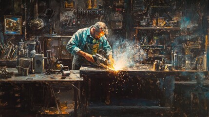 Craftsman welding metal in his workshop, sparks flying.