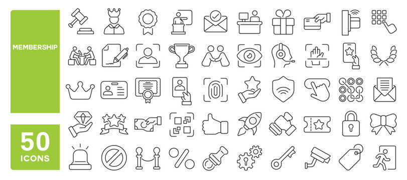 Set of 50 line icons related to membership, registration, contract, user, badge, identity, terms, benefits, approve, enroll, Editable stroke. Vector illustration