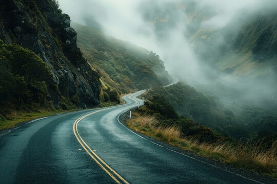 Empty asphalt road winding through a foggy mountain landscape
