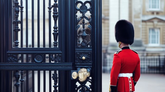 A Man in a Red Coat Standing in Front of a Black Gate - Generative AI