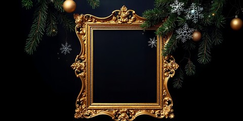 Elegant gold frame adorned with festive greenery.