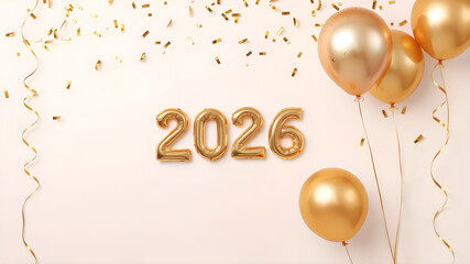 Golden balloons, gold confetti, shiny party decorations on a neutral background, with the year 2026 subtly featured in a minimalistic style