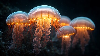 Glowing Jellyfish Swim Gracefully In Dark Ocean Depths