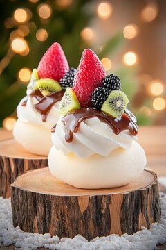 Deliciosa pavlova decorada con frutas frescas y chocolate, ideal para celebraciones en cualquier &eacute;poca del a&ntilde;o