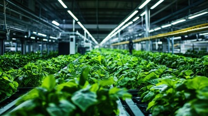 Rows of lush green plants thriving under artificial light in a modern vertical farm, representing sustainable agriculture and food production