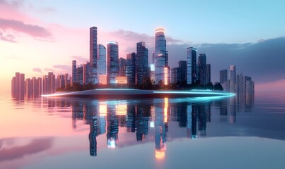 Obraz premium Futuristic city island at sunset, reflected in calm water.