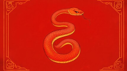 Obraz premium Red snake illustration on bold red background with decorative border