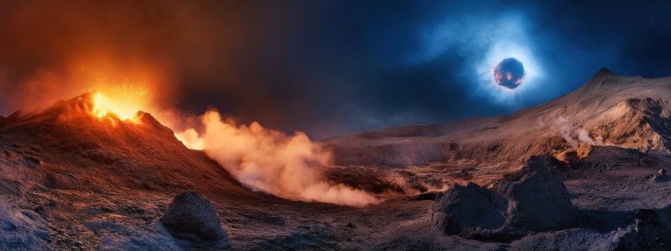 A stunning view of a high-altitude volcanic ridge with active fumaroles and a rare, vivid solar flare casting dynamic light patterns across the volcanic landscape, Volcanic ridge scene