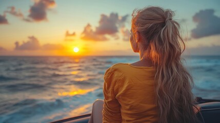Fototapeta premium Woman watching sunset over ocean. (1)