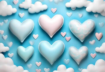 Obraz premium Whimsical hearts and clouds floating on a vibrant blue background