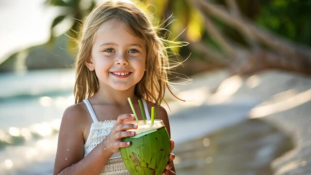 Smiling young girl holding a fresh green coconut in a sunny garden. Concept of health, happiness, and natural living. High quality 4k footage