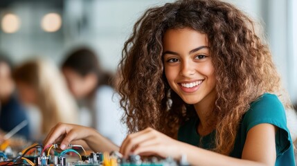 Young african female engaged in robotics project smiling in classroom