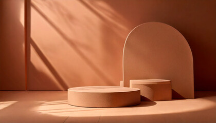 Round platform in brown mocha mousse color with a smooth background. “Color of the Year 2025 Mocha Mousse”.
