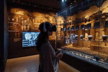 A visitor explores a museum exhibit using virtual reality technology amidst ancient artifacts.