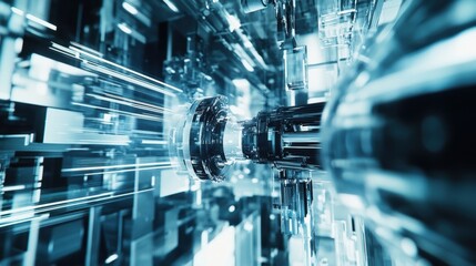 Fototapeta premium Complex glass machinery is operating at high speed in a futuristic manufacturing facility, showcasing advanced technology and automated processes