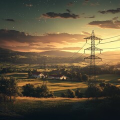 Obraz premium Sunset landscape: houses, power lines, starry sky.