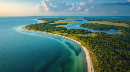 Obraz premium Aerial view of a coastal peninsula with a sandy beach, winding rivers, and lush green forests bordering a calm turquoise sea.