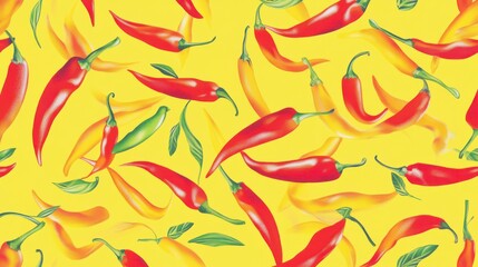 A Captivating Chili Pepper Pattern: A Vibrant Visual Feast of Red and Yellow Chili Peppers, Perfect for Kitchen Decor or Culinary Enthusiasts.