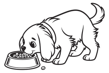A black color line art Cavalier King Charles Spaniel dog Eating  simple flat vector on white background