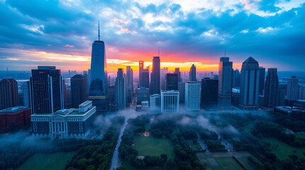 Fototapeta premium A stunning aerial view of a vibrant city skyline at sunrise, as the golden hues of the sun begin to bathe the city in warmth