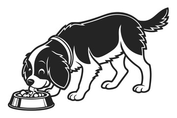 A black color line art Cavalier King Charles Spaniel dog Eating  simple flat vector on white background