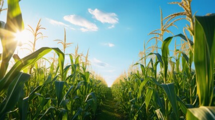 Obraz premium Sunlit cornfield growth rural area nature photography vibrant environment wide-angle view agriculture concept