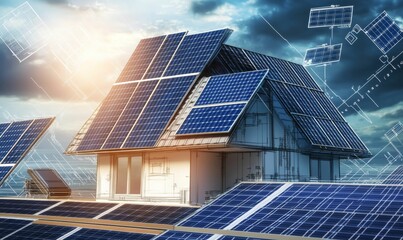 Fototapeta premium Solar panels on house, blueprints overlayed.