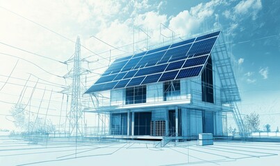 Solar-powered house design, grid connection, blueprint.
