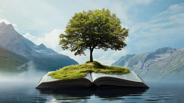 A lush tree growing from an open book, nestled within majestic mountains and calm waters at dawn