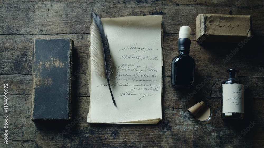 Poster artisan calligraphy tools arranged on reclaimed wood surface for expressive writing practice and cre