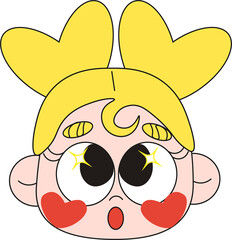 retro character chibi face in bright colors, emotions happy, sad, angry, cry, png 
