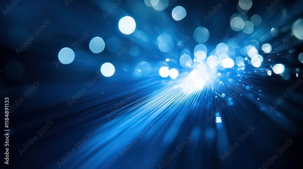Poster abstract blue light burst with bokeh effect, radiating from center.