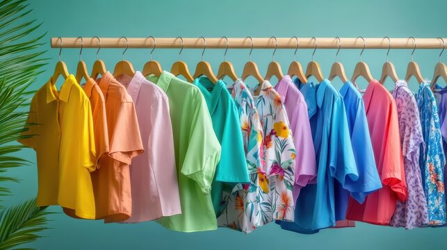 Fototapeta Vibrant collection of colorful hawaiian and dress shirts on hangers