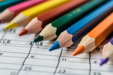 Colorful pencils resting on a multiple choice test answer sheet, suggesting exam preparation or grading